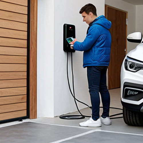 Home 4 **
A person plugging an MG ZS EV into a standard home charger in a garage. Focus on the simplicity and convenience of home charging, but indicate it takes a long time.
**