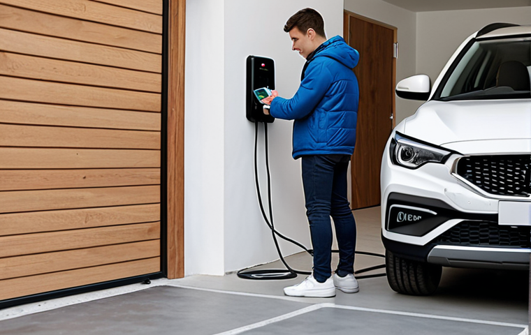 **
A person plugging an MG ZS EV into a standard home charger in a garage. Focus on the simplicity and convenience of home charging, but indicate it takes a long time.
**