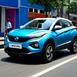 Tata Nexon.ev - Urban Commute**

"A professional woman in a modest business casual outfit, driving a Tata Nexon.ev through a bustling city street during daytime, fully clothed, appropriate attire, safe for work, perfect anatomy, natural proportions, bright and cheerful, family-friendly advertisement, showcasing the car's compact size and modern design."

**