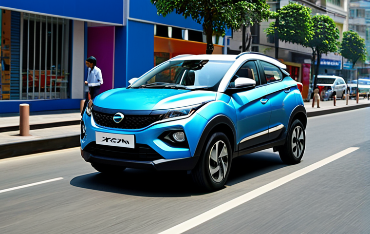 Tata Nexon.ev - Urban Commute**
"A professional woman in a modest business casual outfit, driving a Tata Nexon.ev through a bustling city street during daytime, fully clothed, appropriate attire, safe for work, perfect anatomy, natural proportions, bright and cheerful, family-friendly advertisement, showcasing the car's compact size and modern design."
**
